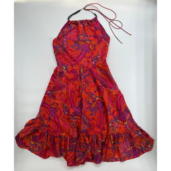 Lauren Ralph Lauren Silk Halter Dress Size 10 Red Paisley Boho Beaded Neckline - Picture 1 of 5